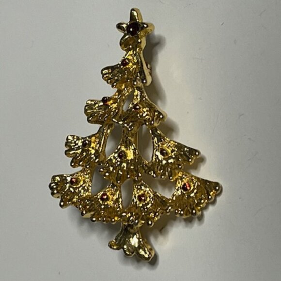 VTG Gold Tone Christmas Tree Red Painted Ornaments Holiday Festive Brooch Pin 2" - Picture 10 of 14